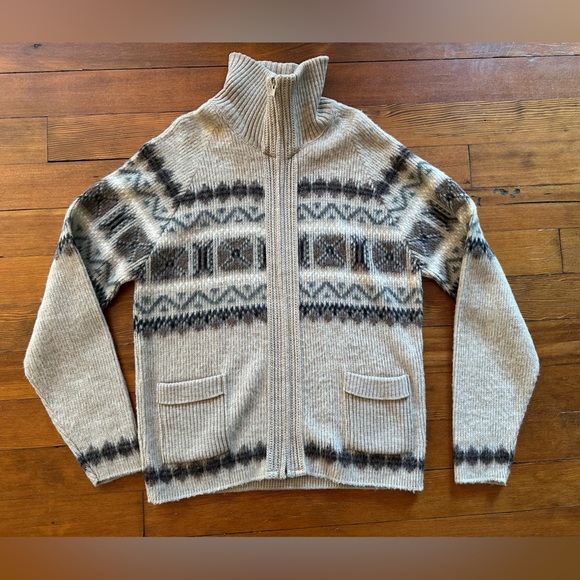 London Fog Beige, Gray & Blue Nordic  Patterned Zip Cardigan Size Large Grandpa - Picture 1 of 8